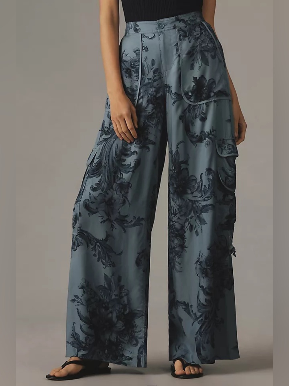 Anthropologie Palazzo Utility Trousers Slate Blue Floral Wide-Leg Pants